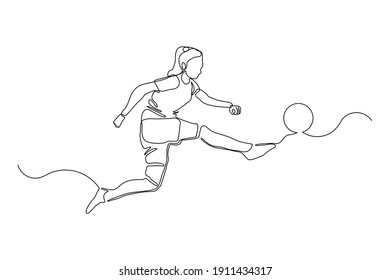 Continuous line drawing of football player jump and fly to kicking ball. Single one line art of young woman playing soccer ball. Vector illustration