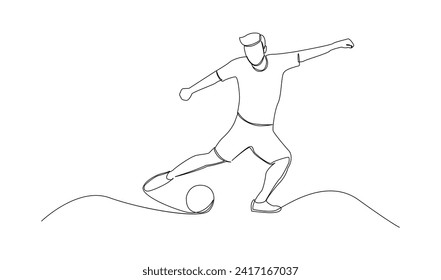 Continuous line drawing of football player jump and fly to kicking ball. Single one line art of young man playing soccer ball template