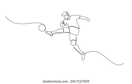 Continuous line drawing of football player jump and fly to kicking ball. Single one line art of young man playing soccer ball template