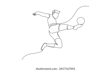 El contínuo dibujo de la línea del futbolista salta y vuela a patear la pelota. Arte de una sola línea de un joven jugando a la plantilla de fútbol