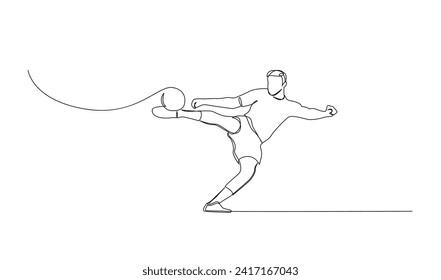 Continuous line drawing of football player jump and fly to kicking ball. Single one line art of young man playing soccer ball template