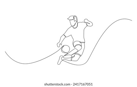 Continuous line drawing of football player jump and fly to kicking ball. Single one line art of young man playing soccer ball template