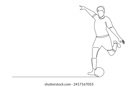 Continuous line drawing of football player jump and fly to kicking ball. Single one line art of young man playing soccer ball template
