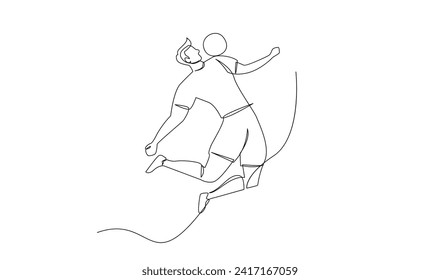 Continuous line drawing of football player jump and fly to kicking ball. Single one line art of young man playing soccer ball template