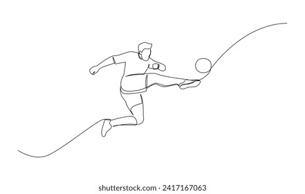 Continuous line drawing of football player jump and fly to kicking ball. Single one line art of young man playing soccer ball template