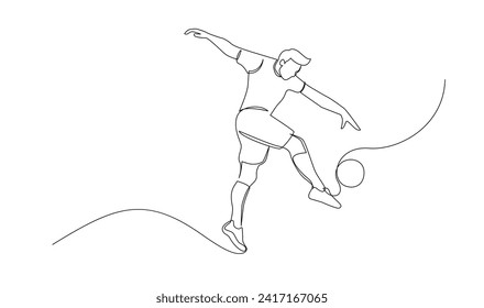 Continuous line drawing of football player jump and fly to kicking ball. Single one line art of young man playing soccer ball template