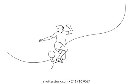 Continuous line drawing of football player jump and fly to kicking ball. Single one line art of young man playing soccer ball template