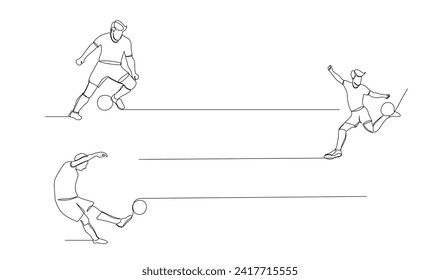 Continuous line drawing of football player jump and fly to kicking ball. Single one line art of young man playing soccer ball template