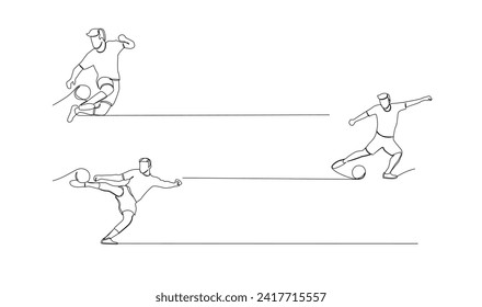 Continuous line drawing of football player jump and fly to kicking ball. Single one line art of young man playing soccer ball template