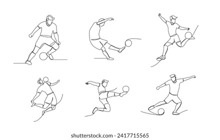 Continuous line drawing of football player jump and fly to kicking ball. Single one line art of young man playing soccer ball template