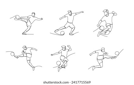 Continuous line drawing of football player jump and fly to kicking ball. Single one line art of young man playing soccer ball template