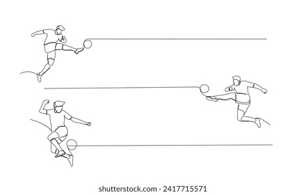 Continuous line drawing of football player jump and fly to kicking ball. Single one line art of young man playing soccer ball template
