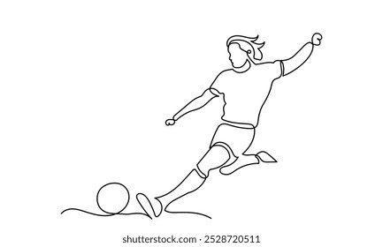 Continuous line drawing of a Football player kicking a ball.single-line Football player action with the ball isolated on a white background.A young football player kicking a ball. A Soccer Player kick