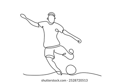 Desenho de linha contínua de um jogador de futebol chutando uma bola.ação de jogador de futebol de linha única com a bola isolada em um fundo branco.Um jovem jogador de futebol chutando uma bola. Um chute de jogador de futebol