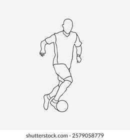 Continuous line drawing of football player jumps and fly to kicking ball. Single one line art. Sports design illustration simple linear style vector concept.