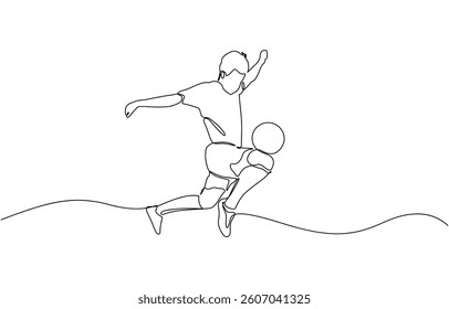 Continuous line drawing of football player jump and fly to kicking ball, Single one line art of young man soccer player dribbling and juggling ball. Vector illustration.