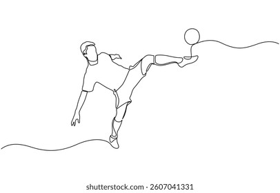 Continuous line drawing of football player jump and fly to kicking ball, Single one line art of young man soccer player dribbling and juggling ball. Vector illustration.