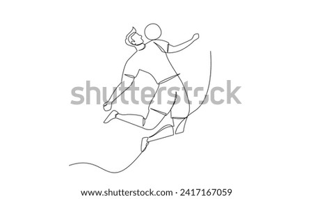 Continuous line drawing of football player jump and fly to kicking ball. Single one line art of young man playing soccer ball template