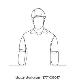Continuous line drawing of foreman constructor engineer wearing safety helmet. Vector illustration