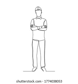 Continuous line drawing of foreman constructor engineer wearing safety helmet. Vector illustration