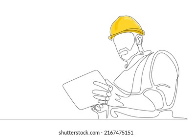 continuous line drawing of foreman controlling building development progress while holding clipboard. Building construction service concept one line draw design illustration 