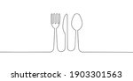 Continuous line drawing of Fork knife and spoon on white background.