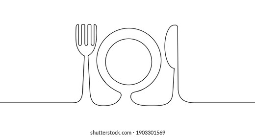 Continuous Line Drawing Of Fork Knife And Plate On White Background.