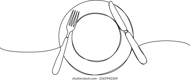 continuous line drawing of fork and knife on plate, line art vector illustration