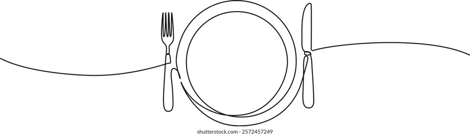continuous line drawing of fork and knife with plate, line art vector illustration