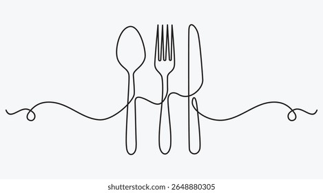 continuous line drawing of fork, knife and spoon. minimalist one line drawing of cutlery. single line vector illustration.