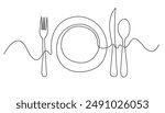 continuous line drawing of fork, plate, knife and spoon. minimalist one line drawing of cutlery. single line vector illustration. isolated white background