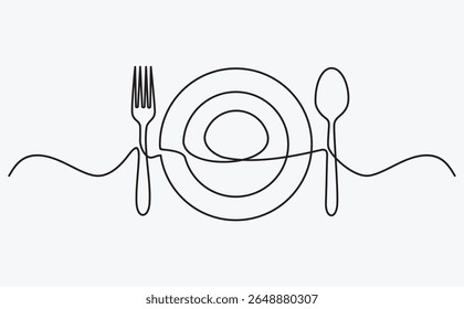 continuous line drawing of fork, plate and spoon. minimalist one line drawing of cutlery. single line vector illustration.