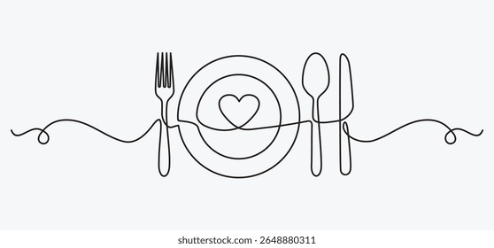 continuous line drawing of fork, plate, knife and spoon. minimalist one line drawing of cutlery. single line vector illustration.