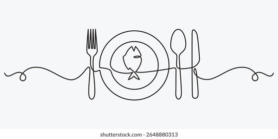 continuous line drawing of fork, plate, knife and spoon. minimalist one line drawing of cutlery. single line vector illustration.
