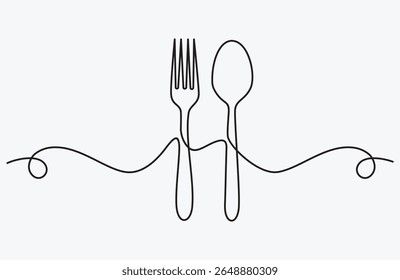 continuous line drawing of fork and spoon. minimalist one line drawing of cutlery. single line vector illustration.