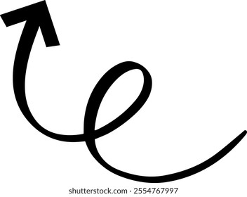 Continuous line drawing forming a stylized upward pointing arrow with a playful, swirling tail, ideal for visually representing growth, progress, or positive direction