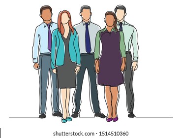 continuous line drawing of four business professionals standing confident