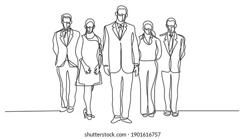 Continuous Line Drawing Of Four Business Professionals Standing Confident Wearing Face Masks