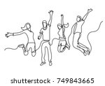 continuous line drawing of four jumping happy team members