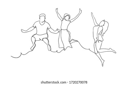 continuous line drawing of four jumping happy team members. Continuous line drawing of three jumping happy team members.one continuous drawn line from the hand picture silhouette. line art. character 