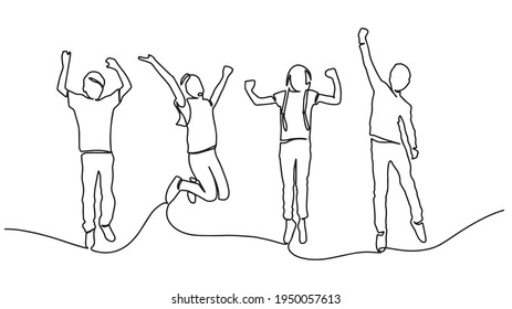 Continuous line drawing of four jumping happy team members. Continuous one line drawing of jumping happy team members vector illustration simple and minimalist design. Group of four people jump.