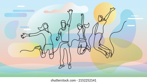 continuous line drawing of four jumping happy team members