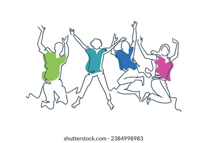 continuous line drawing of four jumping happy team members