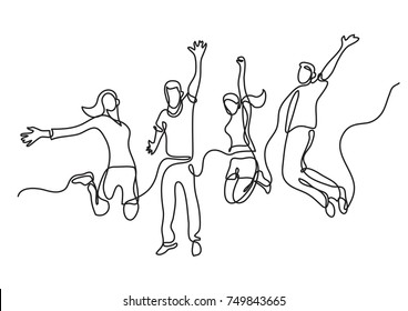 continuous line drawing of four jumping happy team members - Shutterstock ID 749843665