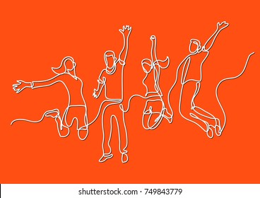 Continuous Line Drawing Of Four Jumping Happy Team Members