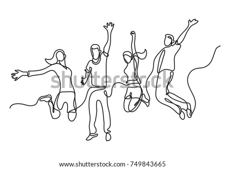 continuous line drawing of four jumping happy team members