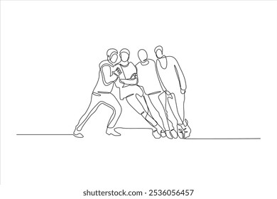 A continuous line drawing of four people leaning together, symbolizing friendship and connection.