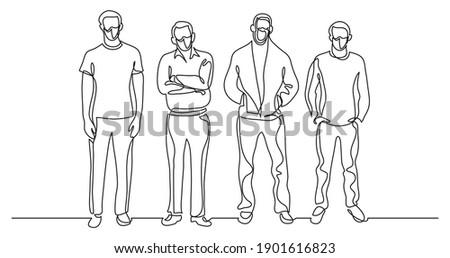 continuous line drawing of four standing men wearing face masks