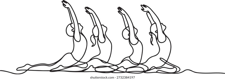 Continuous line drawing of four synchronized swimmers performing elegant water ballet figures arms up in unison artistic movement sketch