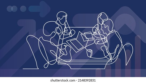 continuous line drawing of four team members working together